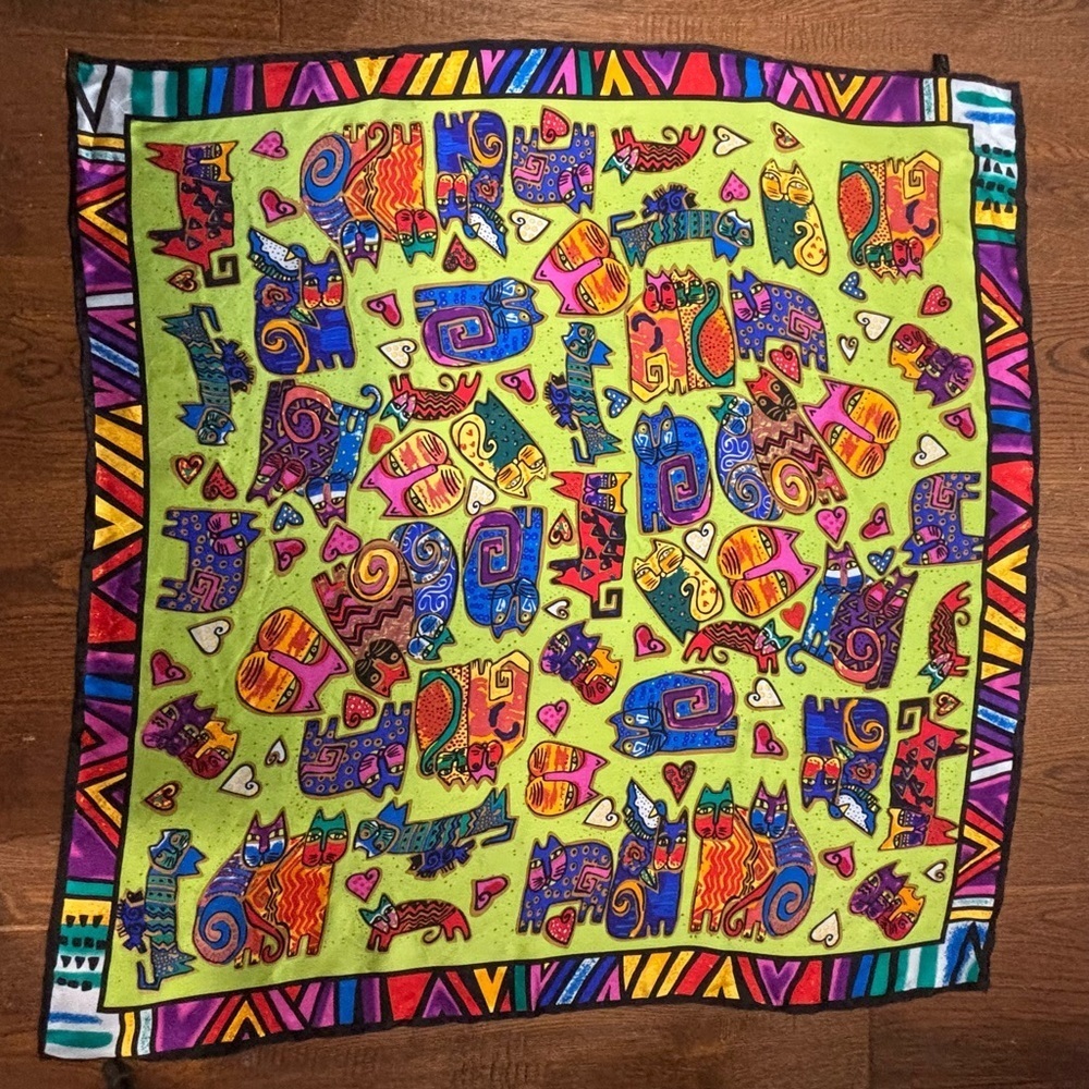 LAUREL BURCH 100% Silk Colorful Abstract Cat Pattern Scarf 35 x 35”